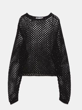 Zara EUC Open Work Knit Fishnet Crochet Sequin  Sweater Black Size S